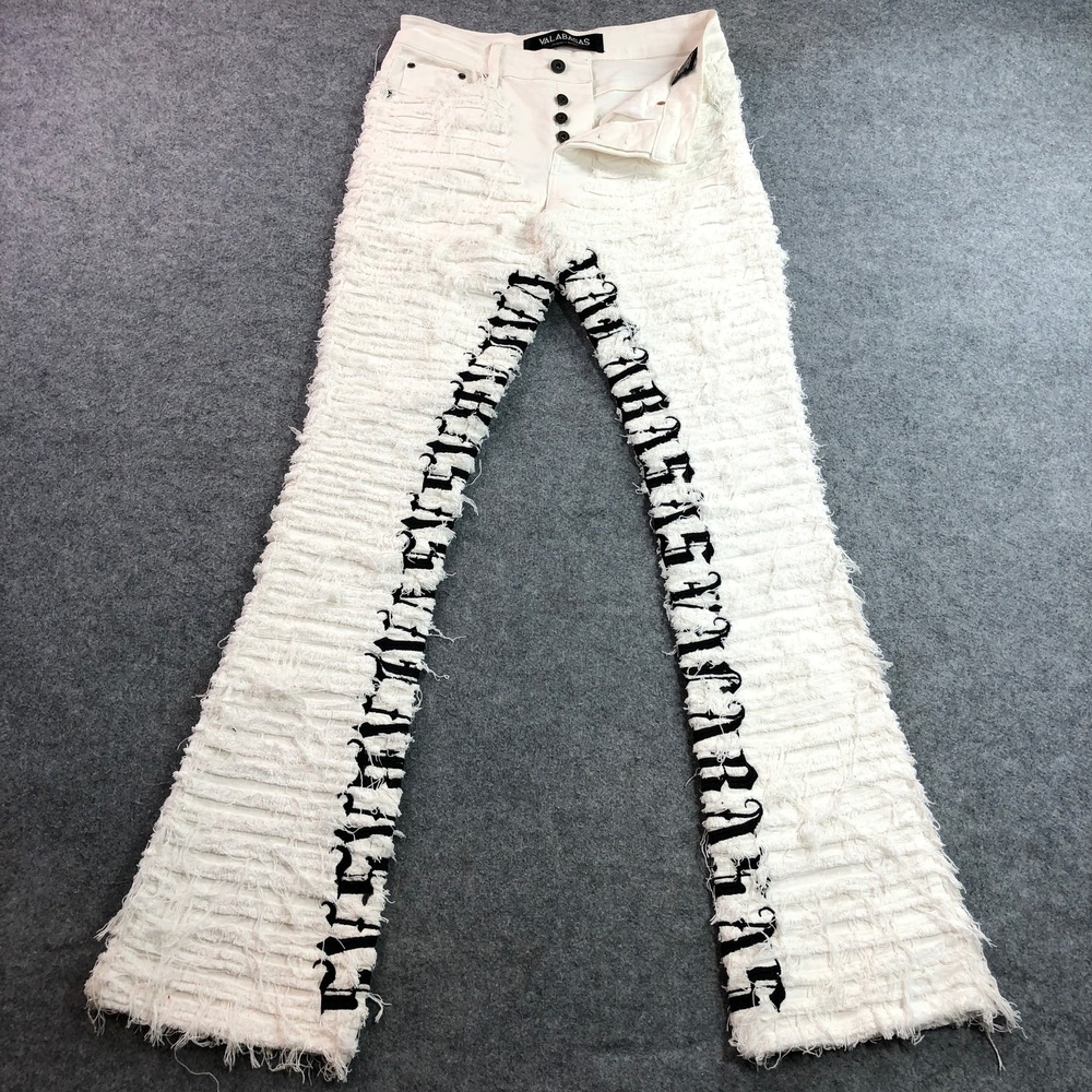 Valabasas Mens Stacked Jeans 30 White Distressed Frayed Graphic Button Fly